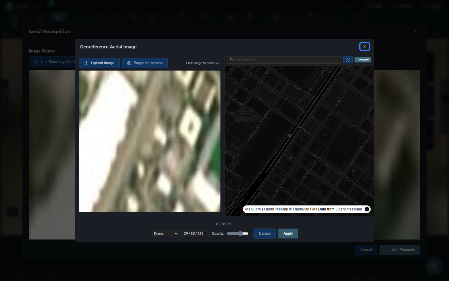 Aerial georeferencing workflow with control points and map alignment