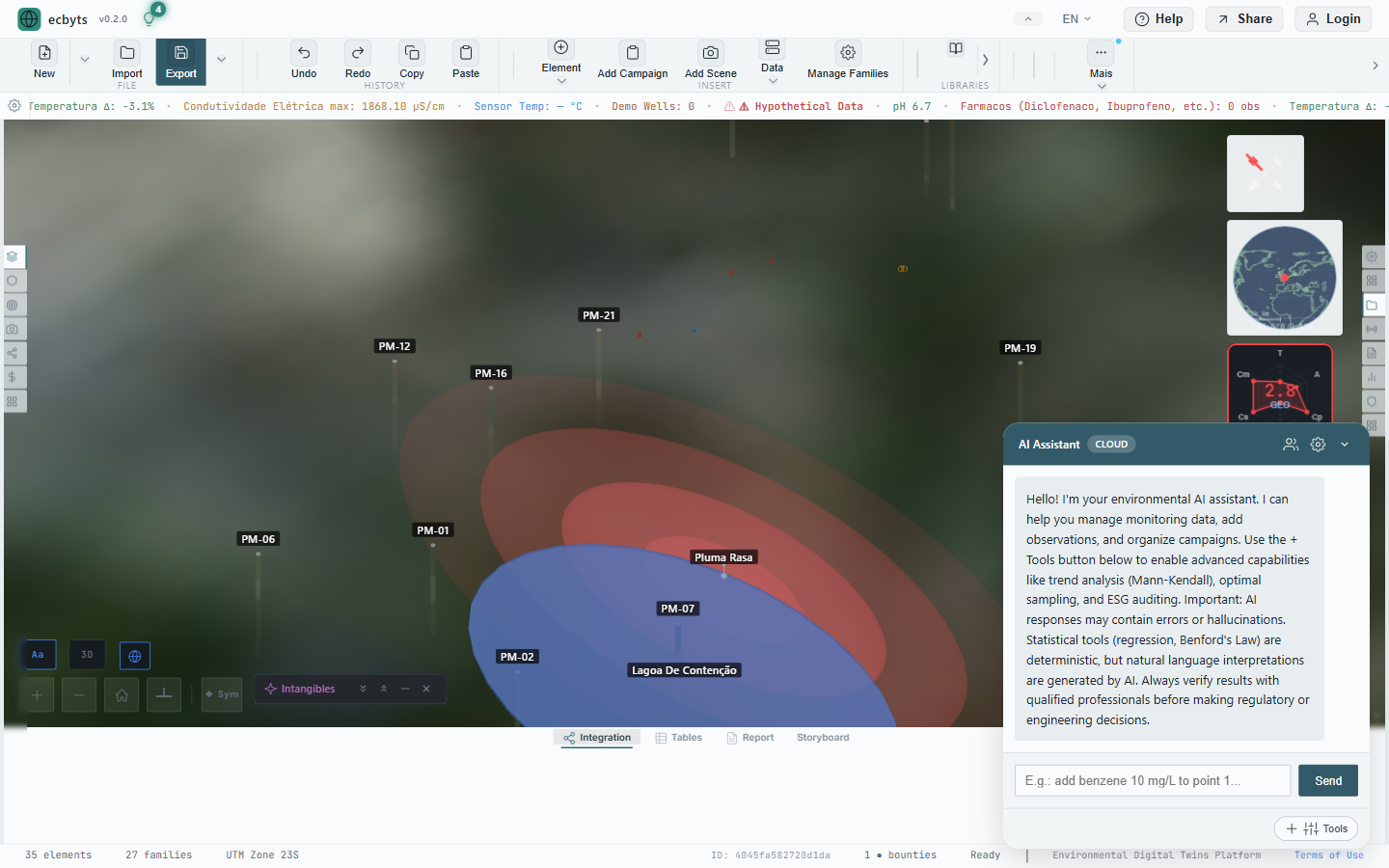 AI assistant chat panel with multi-provider LLM engine and environmental commands