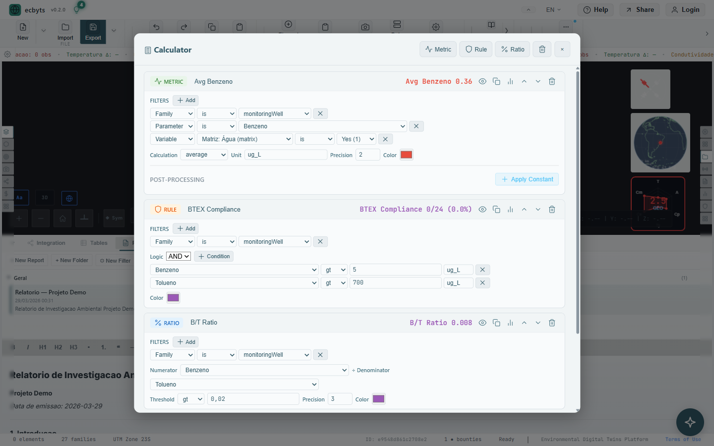Calculator panel with environmental metrics, BTEX compliance, and parameter ratios