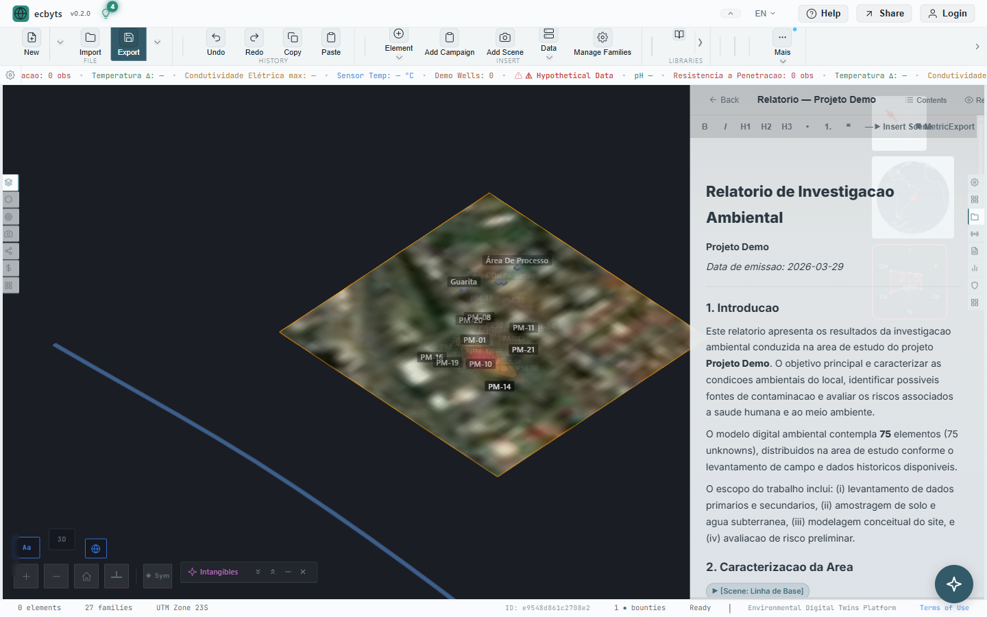 Report editor with environmental investigation report and 3D site model