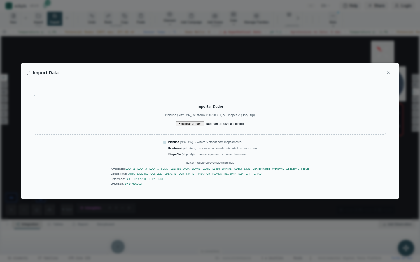 Data import wizard with format selection and supported file types