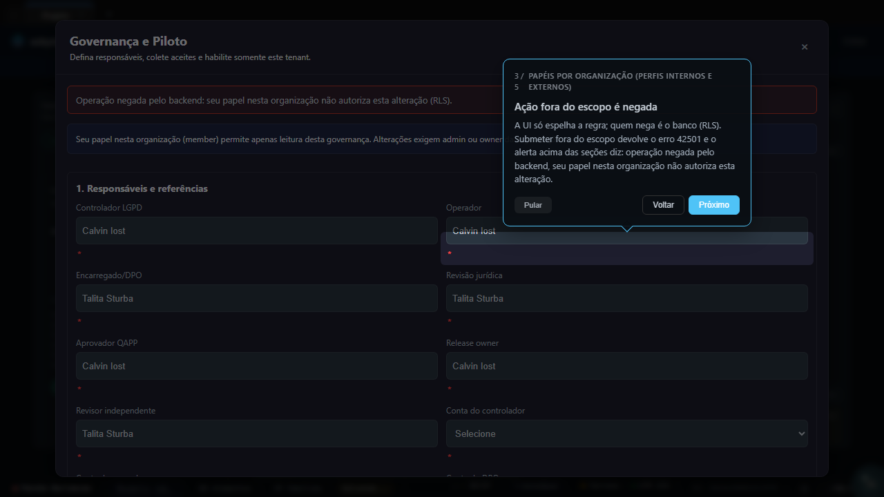 Governance and Pilot panel after a member tried to register an approval: the alert box reads operation denied by the backend, the role in this organization does not authorize this change (RLS)