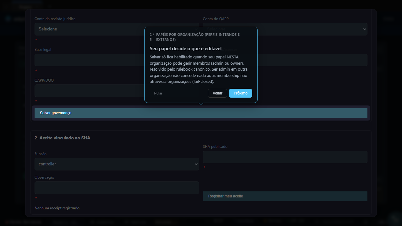 Guided tour step 2 of 5 on the Governance and Pilot panel: the tooltip Your role decides what is editable points at the Save governance button, rendered muted and disabled; below it the pilot approval section shows the Register my acceptance button also muted and the note no receipt recorded