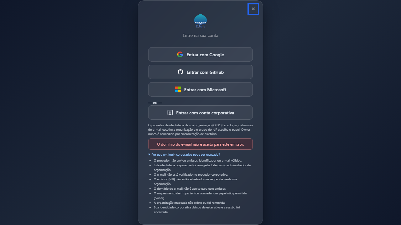 Sign-in modal after a refused corporate sign-in: the status box reads that the e-mail domain is not accepted for this issuer, above the expanded list of refusal reasons rendered from the provisioning contract
