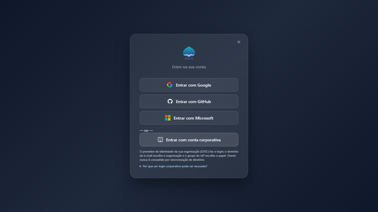 Sign-in modal with the button Sign in with a corporate account below the social providers, the mapping hint (e-mail domain selects the organization, IdP group selects the role) and the collapsed list of refusal reasons