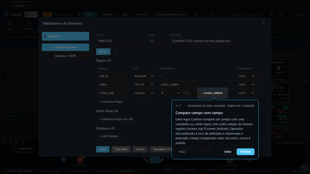 Domain Validators editor with a Custom rule comparing screen_top with the field screen_bottom through the compare field input, next to the Template CSV button