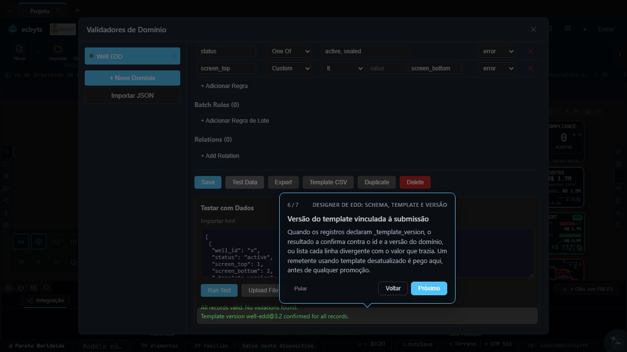 Test Against Data panel with two synthetic records declaring _template_version and the result line confirming the template version for all records