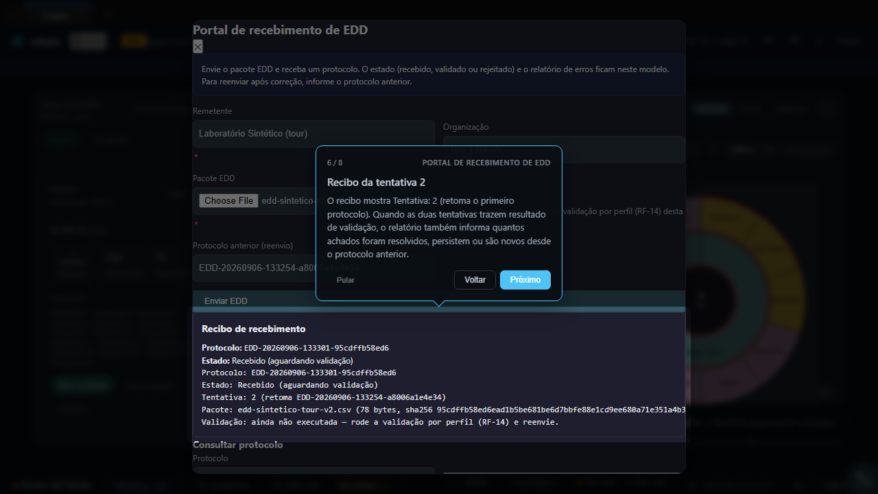 Same portal at step 6 of 8 after the corrected package was sent with the previous protocol filled in: the receipt shows a new protocol EDD-20260906-133301-95cdffb58ed6 and the line attempt 2 (resumes EDD-20260906-133254-a8006a1e4e34), with package edd-sintetico-tour-v2.csv of 78 bytes and a different SHA-256