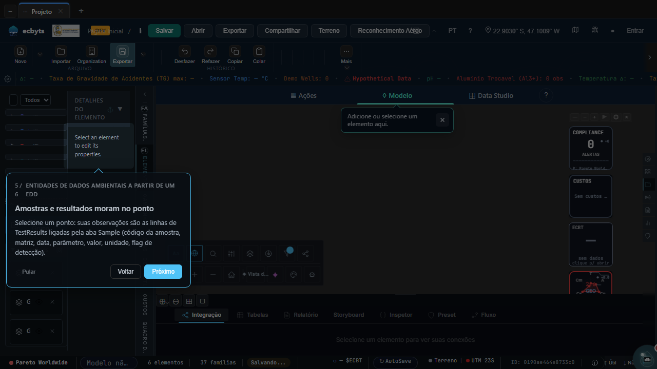 Elements tab with the six imported points and the Element Details panel of the selected point, where samples and results appear as observations