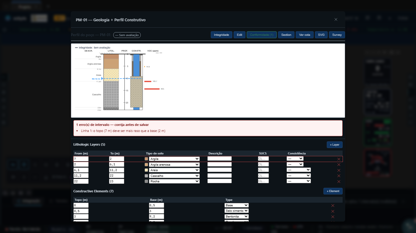 Well profile module with the interval editor open: the first lithologic row has its top deeper than its base, the row is outlined in red and the error list above the table reads one interval error, fix before saving