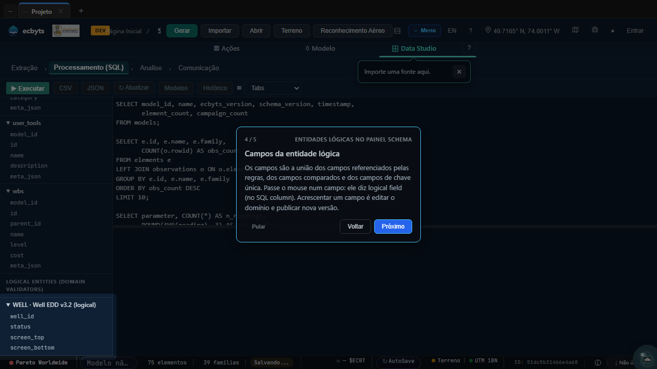 Logical entity WELL expanded in the Schema panel listing its logical fields, labelled as a contract without SQL columns