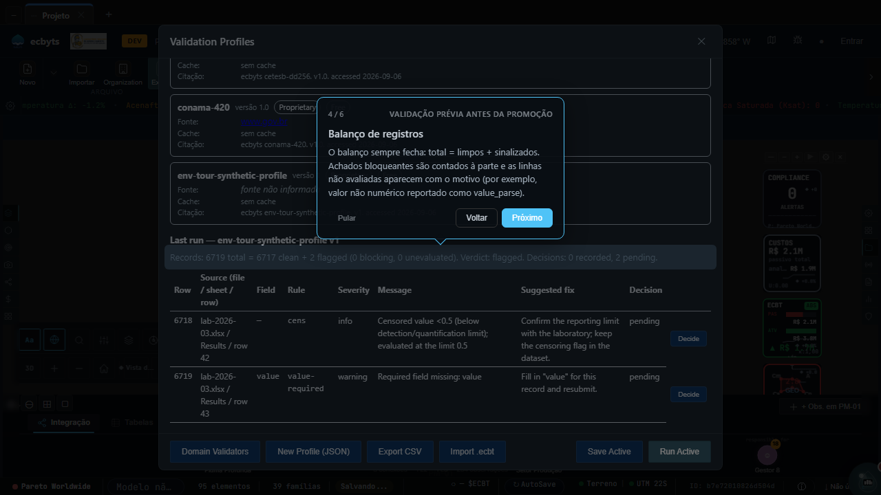 Last run panel with record balance line (total, clean, flagged, blocking, pending decisions) above the findings table