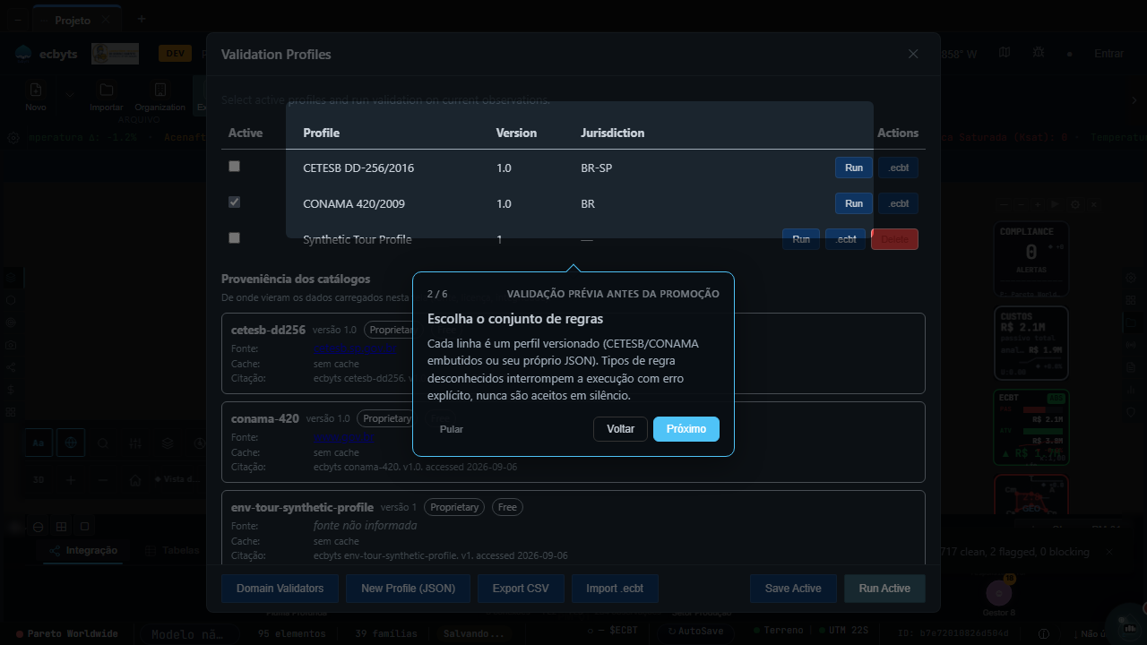 Validation Profiles modal listing versioned rule sets with Run buttons, before the pre-validation run
