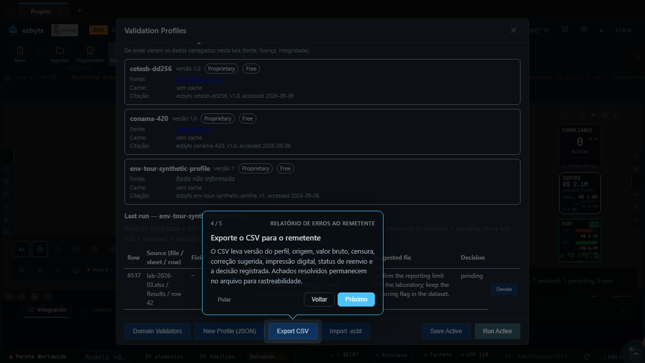 Balance line after resubmission reporting resolved, persisting and new findings, with the Export CSV button in the modal footer