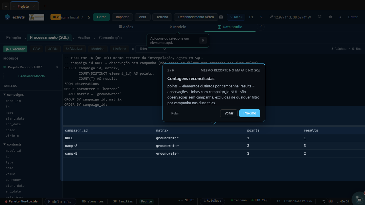 Data Studio Processing module with the reconciliation query in the editor and the result grid grouped by campaign_id and matrix