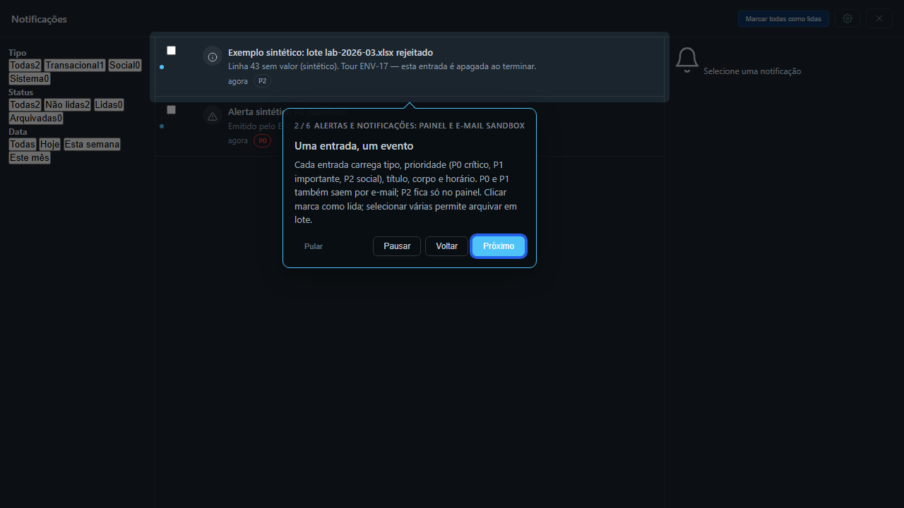 Notifications panel open over the workspace, listing a synthetic rejected-batch alert with priority badge, time and the preferences button in the header