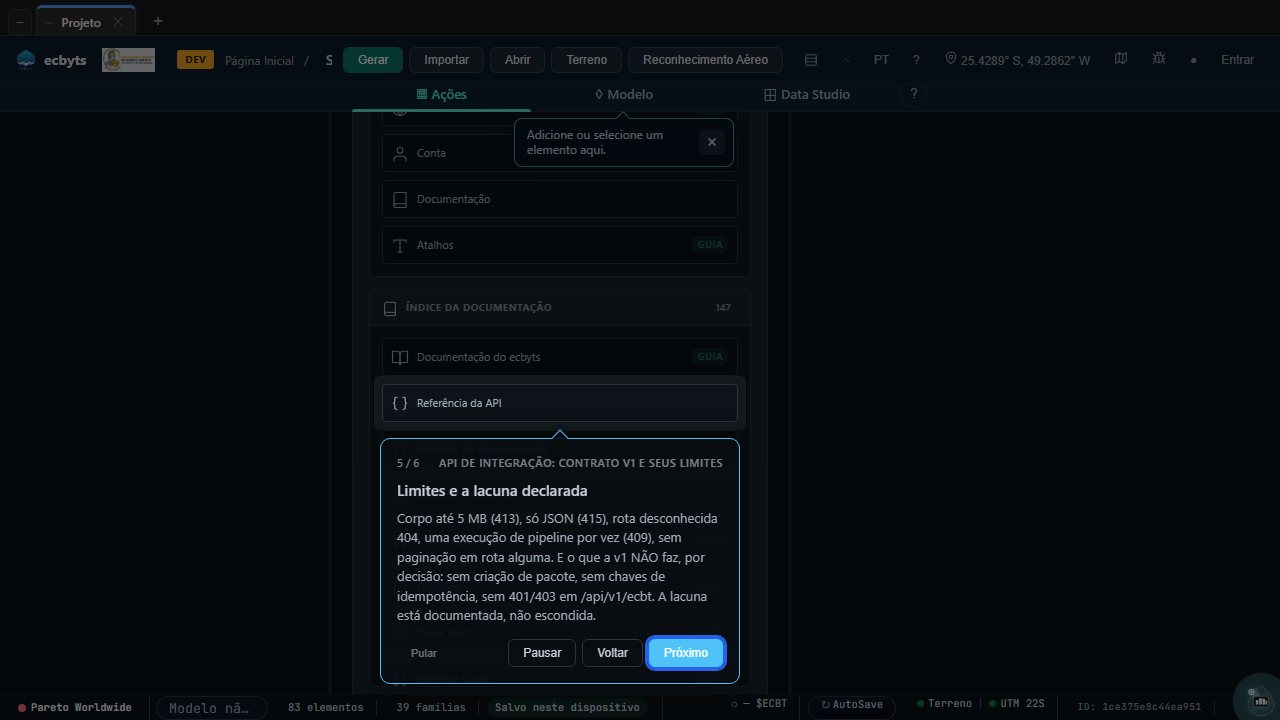 Home quick access with the API reference card highlighted by the guided tour, step 5 of 6, tooltip listing the limits (413, 415, 404, 409, no pagination) and the declared gap: no package creation, no idempotency keys, no 401/403 on the loopback bridge