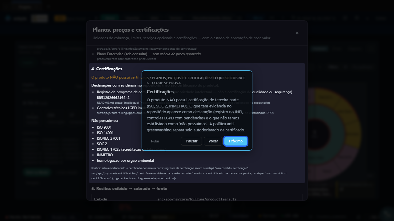Certifications section of the panel: the product holds no third-party certification, two declarations with repository evidence, and the explicit list of certifications not held