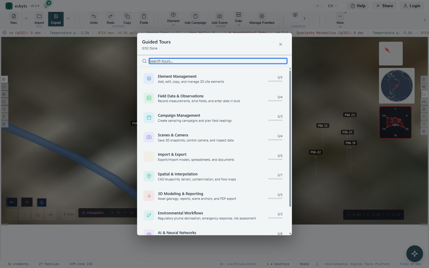 Guided Tours picker with categorized tours for Element Management, Field Data, and more