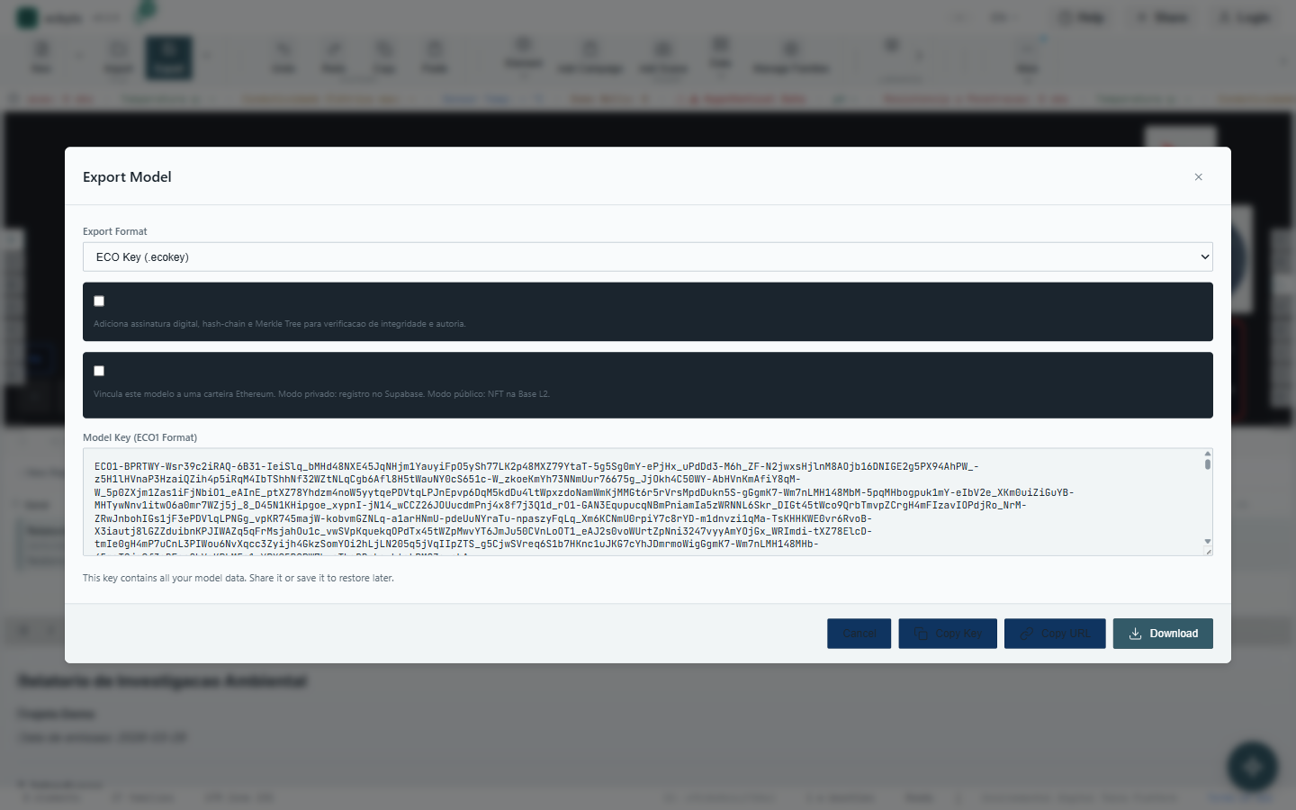 Export modal with ECBT key format selection and generated key