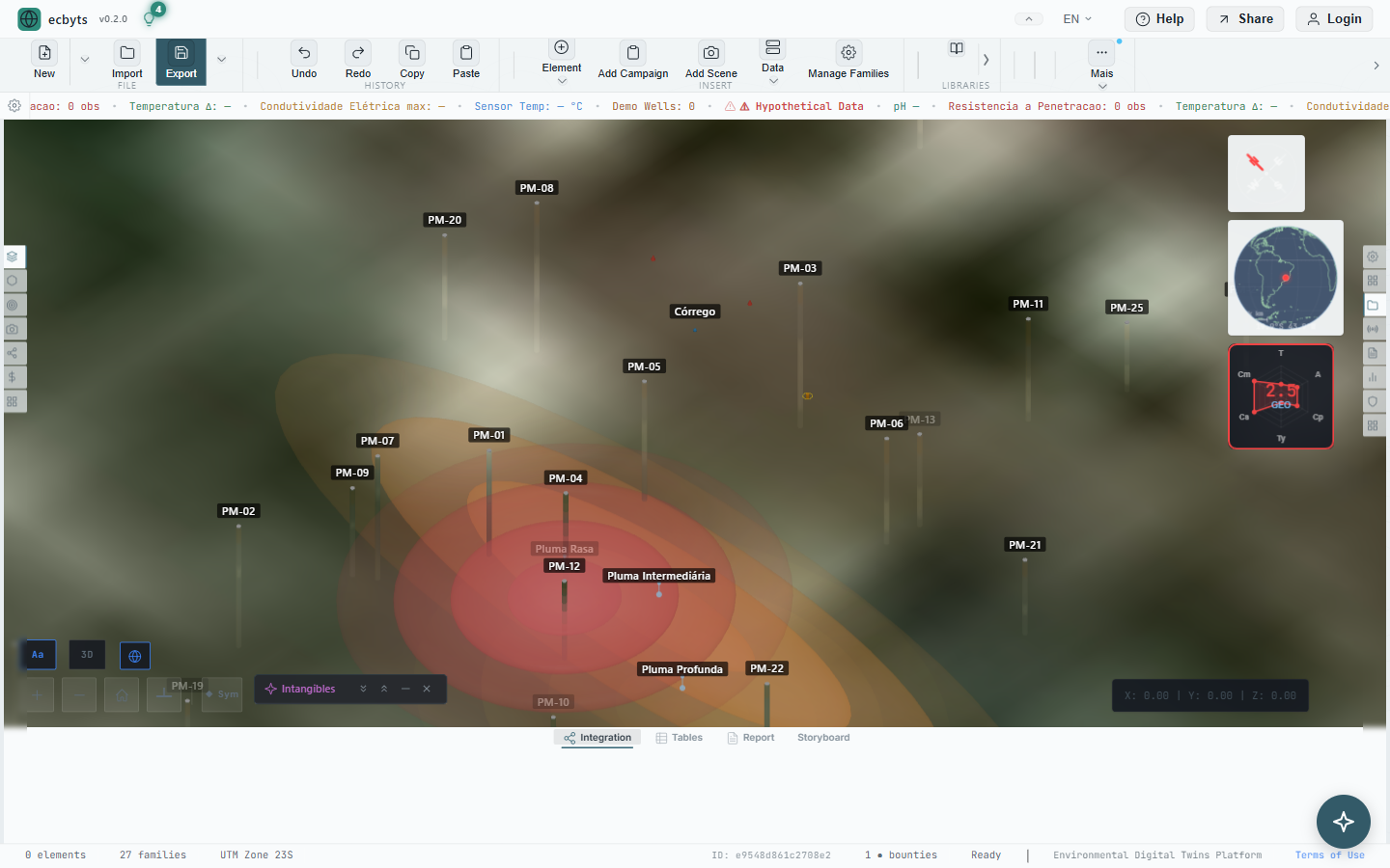 ecbyts main interface with 3D environmental site, contamination plumes, monitoring wells, and satellite imagery