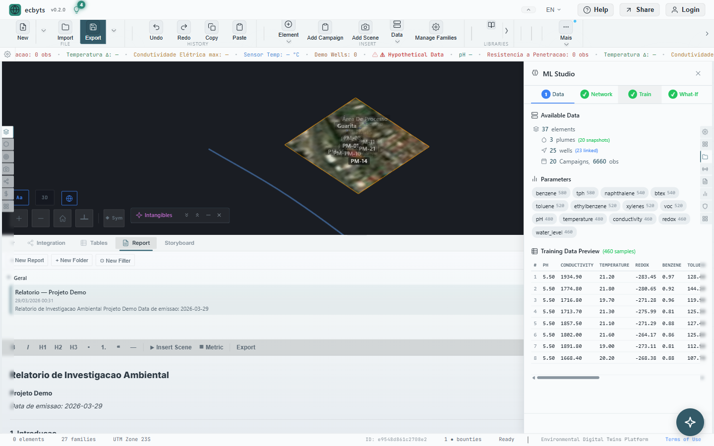 ML Studio side panel with trained networks and training data preview