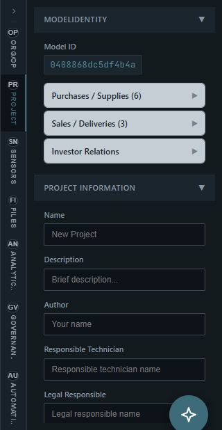 Right panel with inspector tabs for project, elements, campaigns, scenes, analytics, and governance