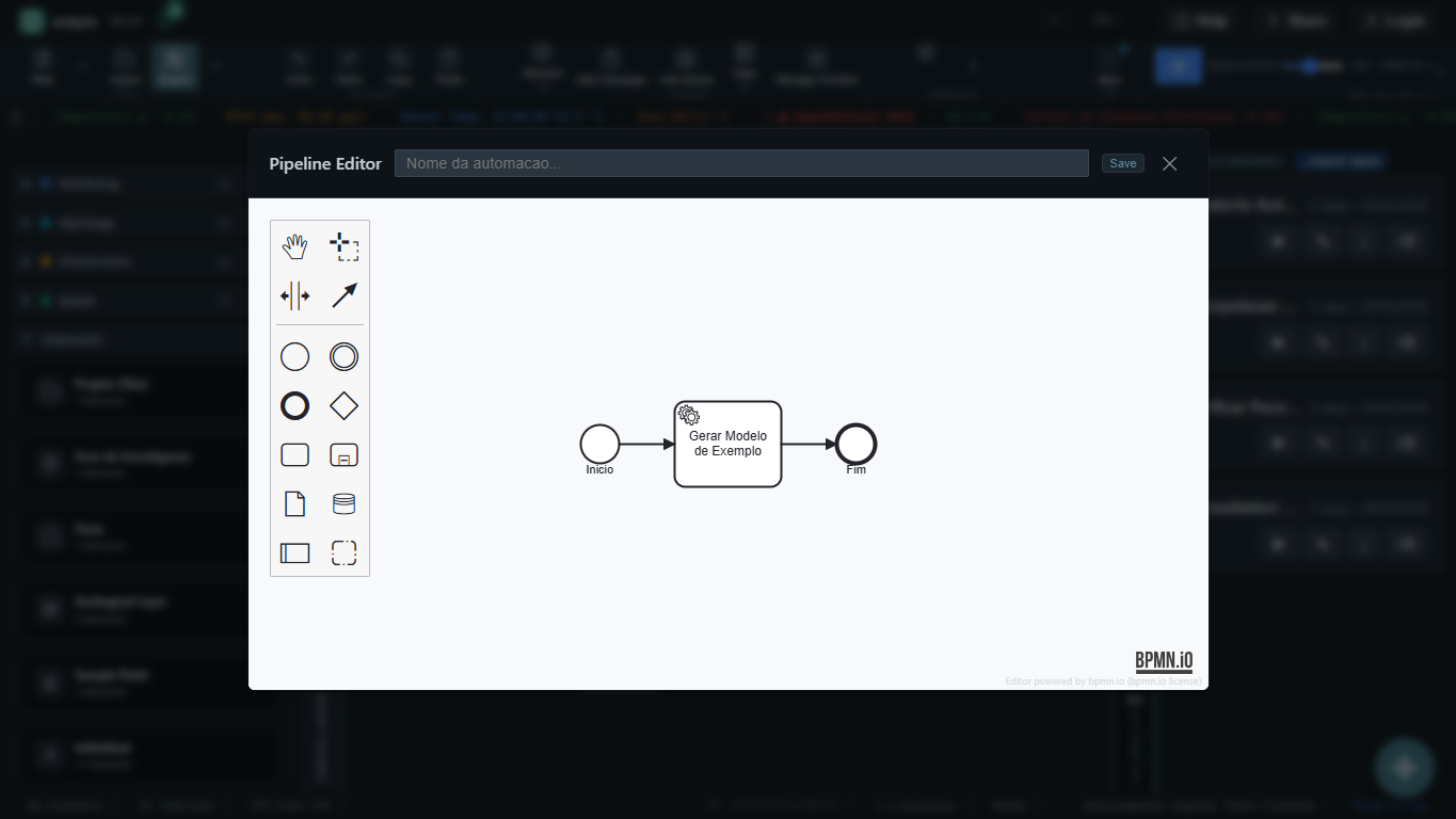 Pipeline editor for multi-step automation and BPMN-inspired workflows