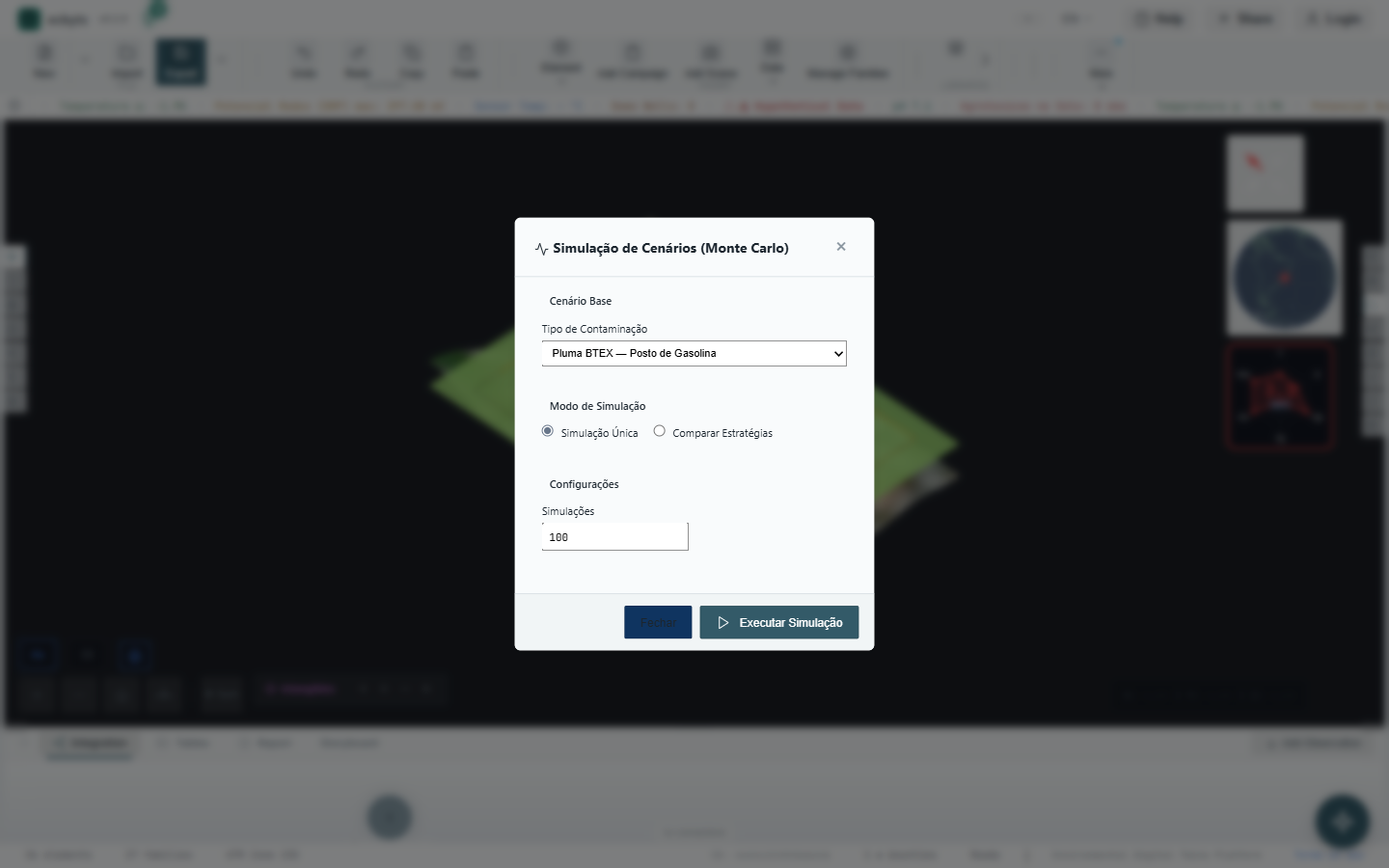 Monte Carlo Scenario Simulation modal with BTEX plume scenario and execution controls