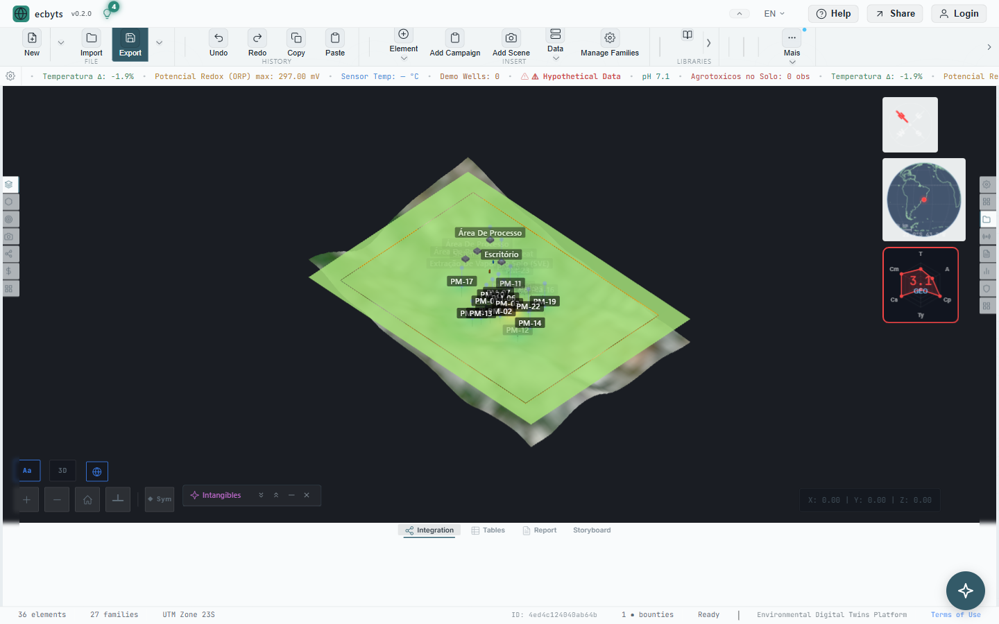 3D viewport with terrain surface, environmental elements, and monitoring wells