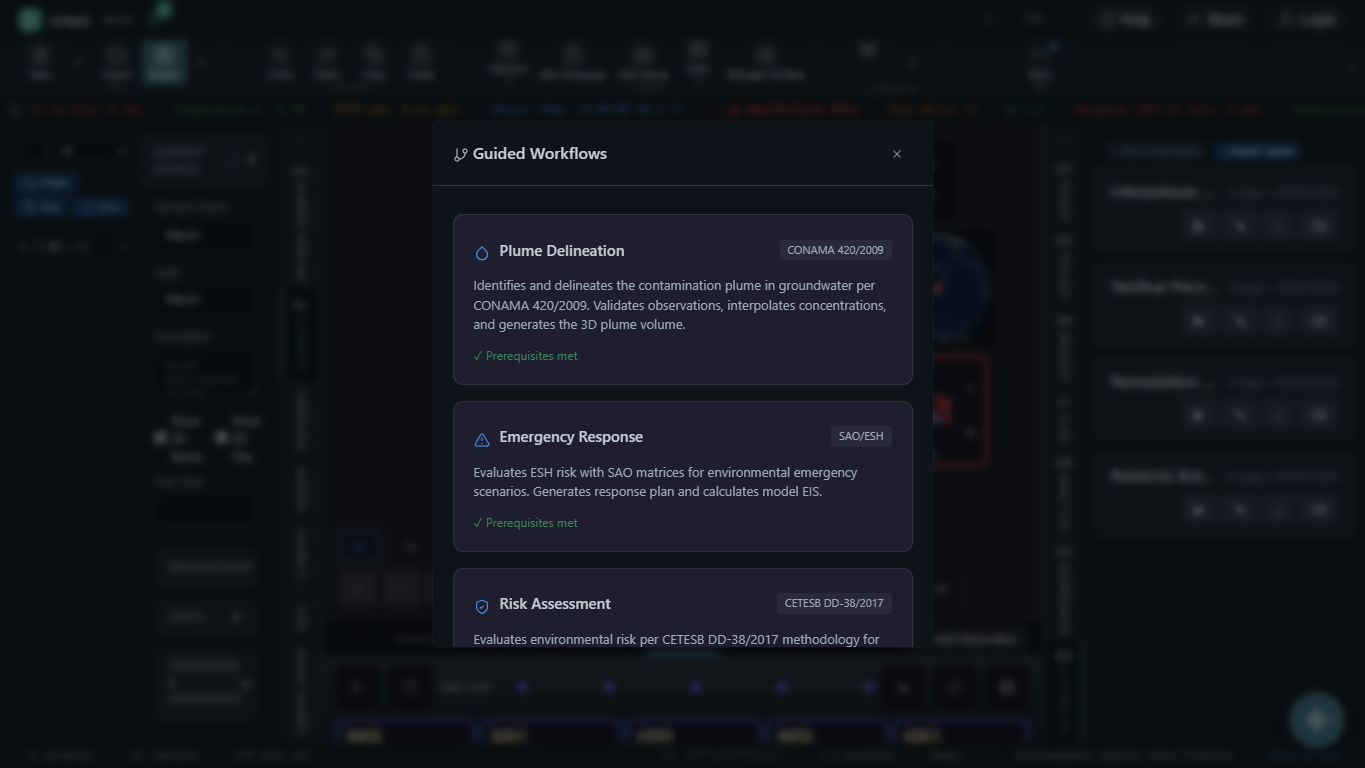 Guided workflow picker with structured environmental engineering processes
