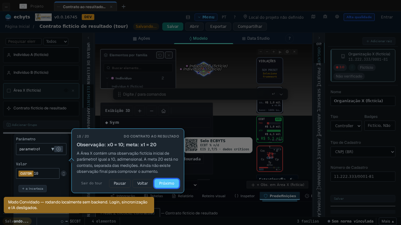 Captura real do passo de Observação do tour Do contrato ao resultado no ecbyts, com dados fictícios.