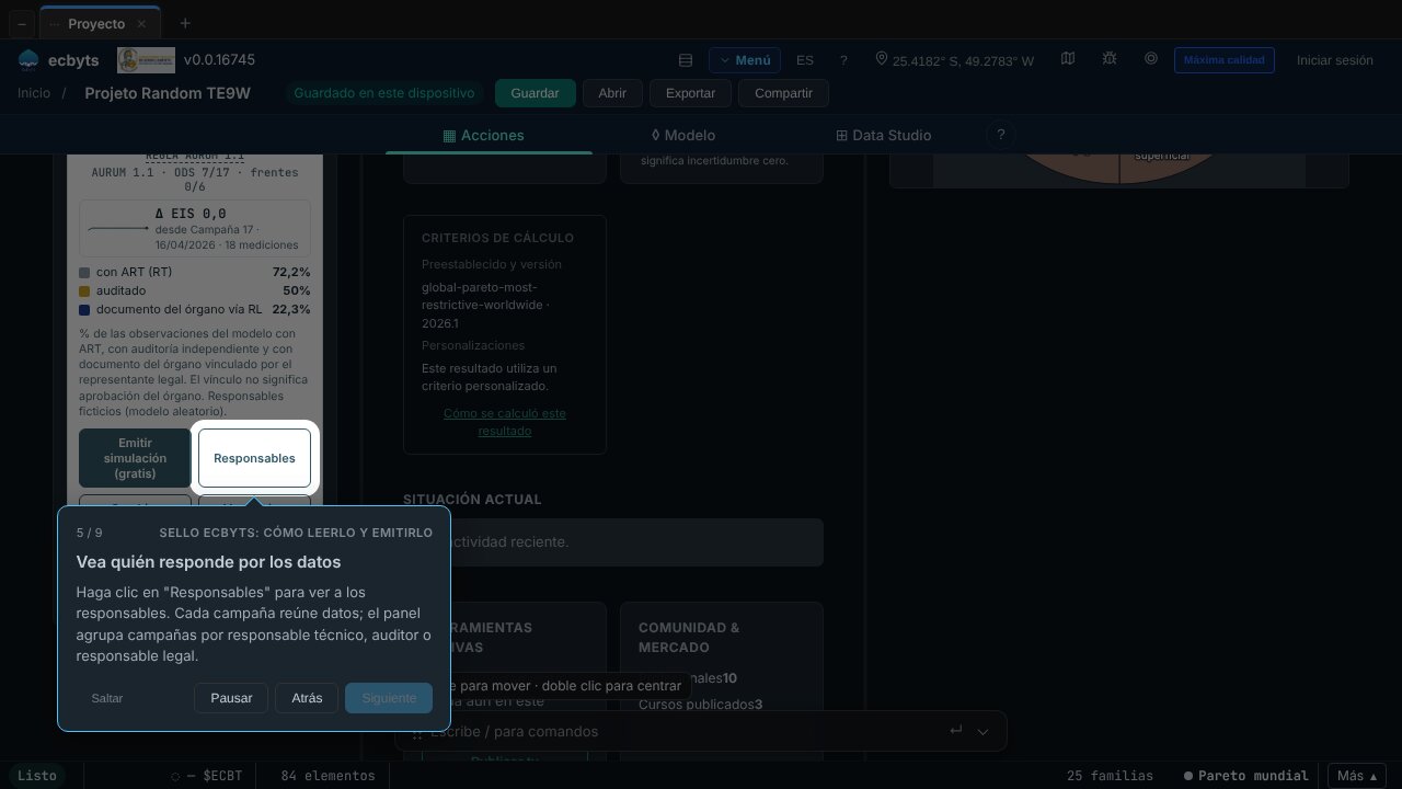 Captura de pantalla de ecbyts durante el tour guiado, con modelo de demostración y datos ficticios.