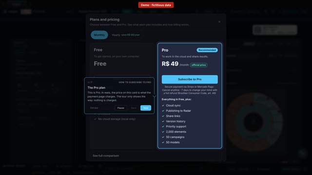 ecbyts plans screen with the Pro card at R$ 49 per month and the step 1 tour balloon, with the Demo, fictitious data band.