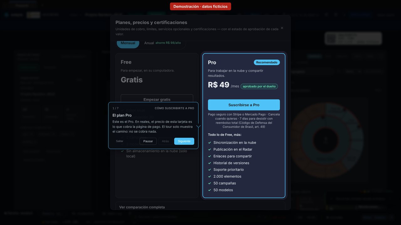 Pantalla de planes de ecbyts con la tarjeta de Pro a R$ 49 por mes y el globo del paso 1 del tour, con la franja Demostración, datos ficticios.