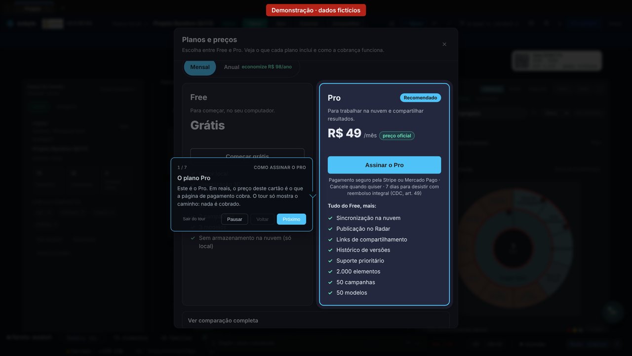 Tela de planos do ecbyts com o cartão do Pro a R$ 49 por mês e o balão do passo 1 do tour, com a faixa Demonstração, dados fictícios.