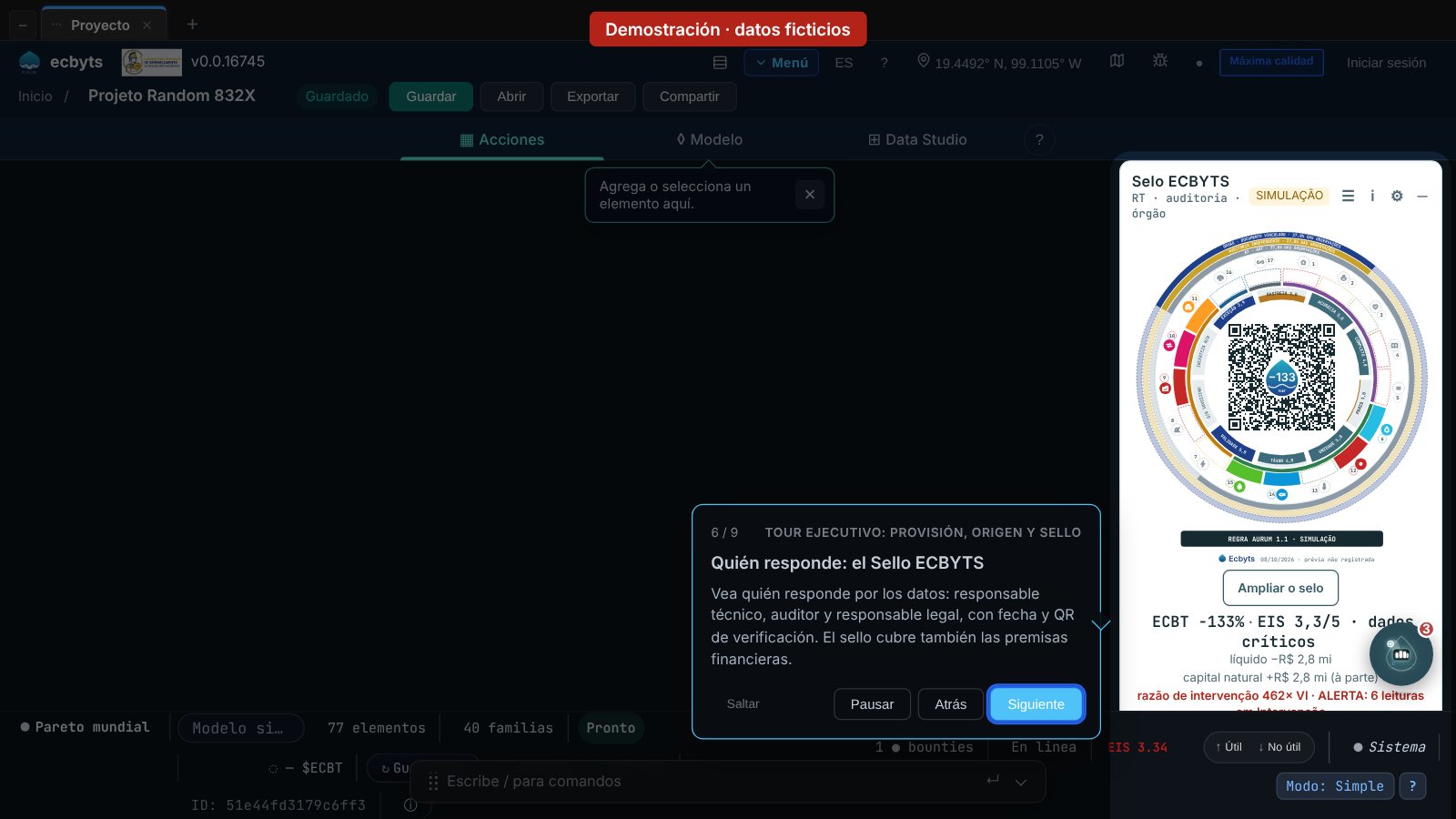 Paso 6 del tour ejecutivo: la tarjeta del Sello ECBYTS con los responsables de los datos, en un modelo de demostración con datos hipotéticos.