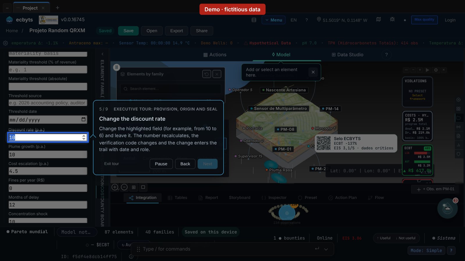 Step 5 of the executive tour: the Discount rate field highlighted on the finance card, in a demo model with hypothetical data.