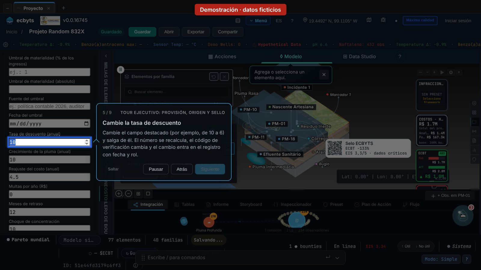 Paso 5 del tour ejecutivo: el campo Tasa de descuento destacado en la tarjeta financiera, en un modelo de demostración con datos hipotéticos.