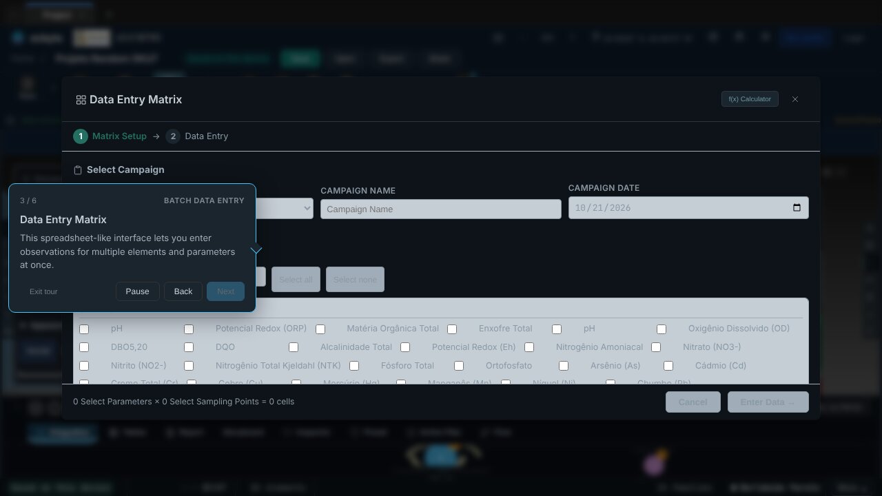 Screenshot of ecbyts during the guided tour, with a demo model and fictitious data.