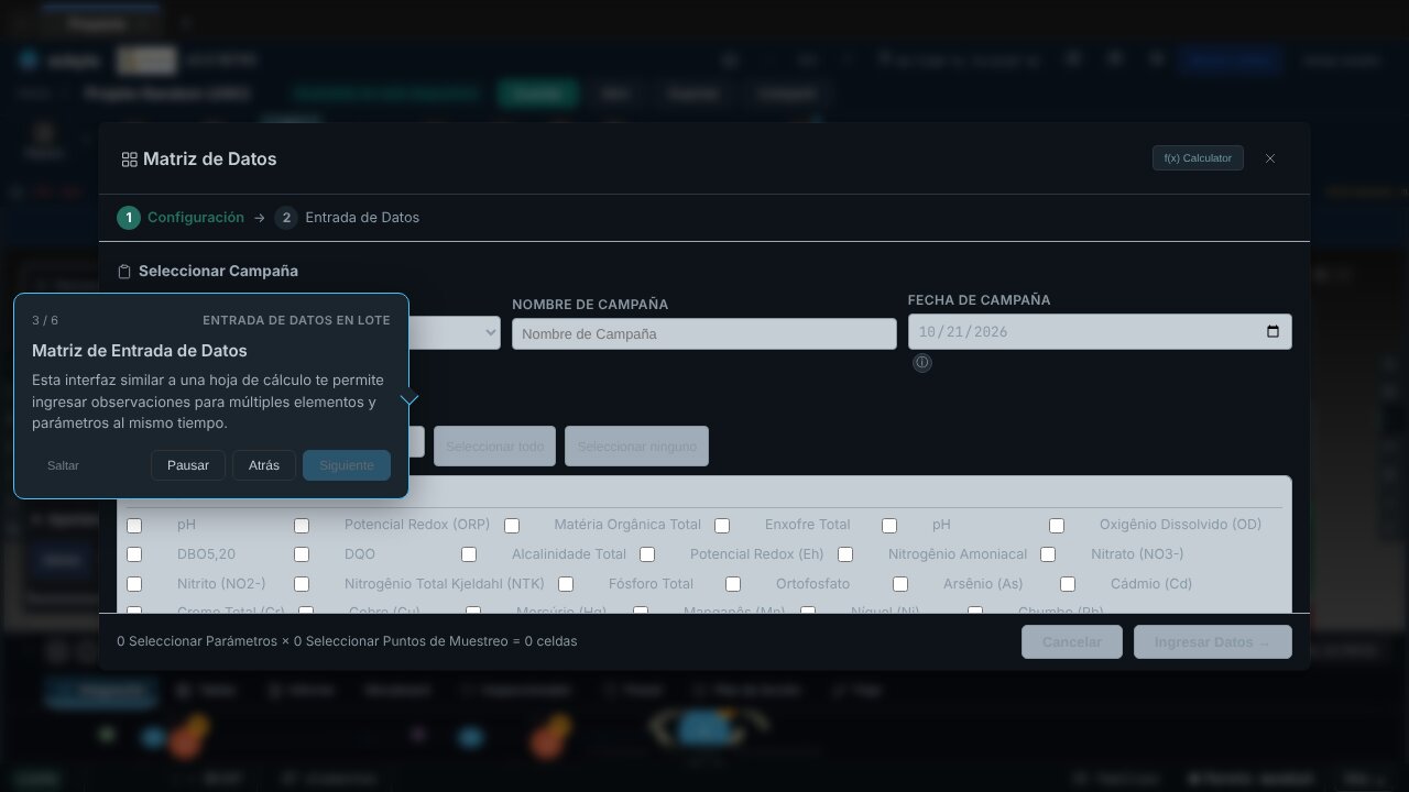 Captura de pantalla de ecbyts durante el tour guiado, con modelo de demostración y datos ficticios.
