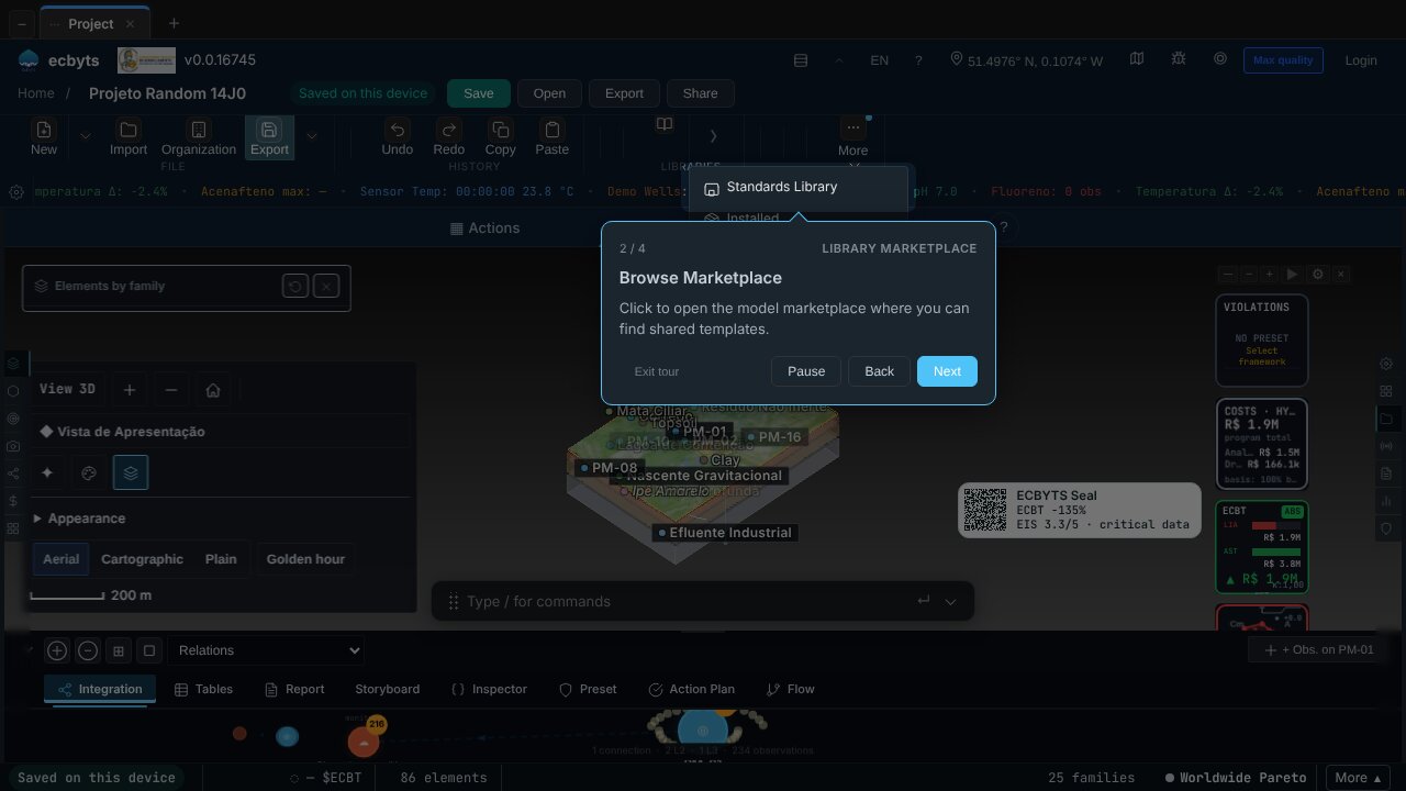 Screenshot of ecbyts during the guided tour, with a demo model and fictitious data.
