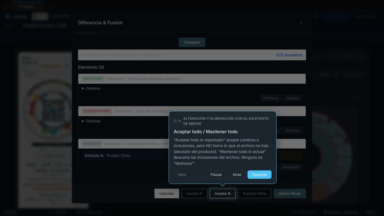 Captura de pantalla de ecbyts durante el tour guiado, con modelo de demostración y datos ficticios.