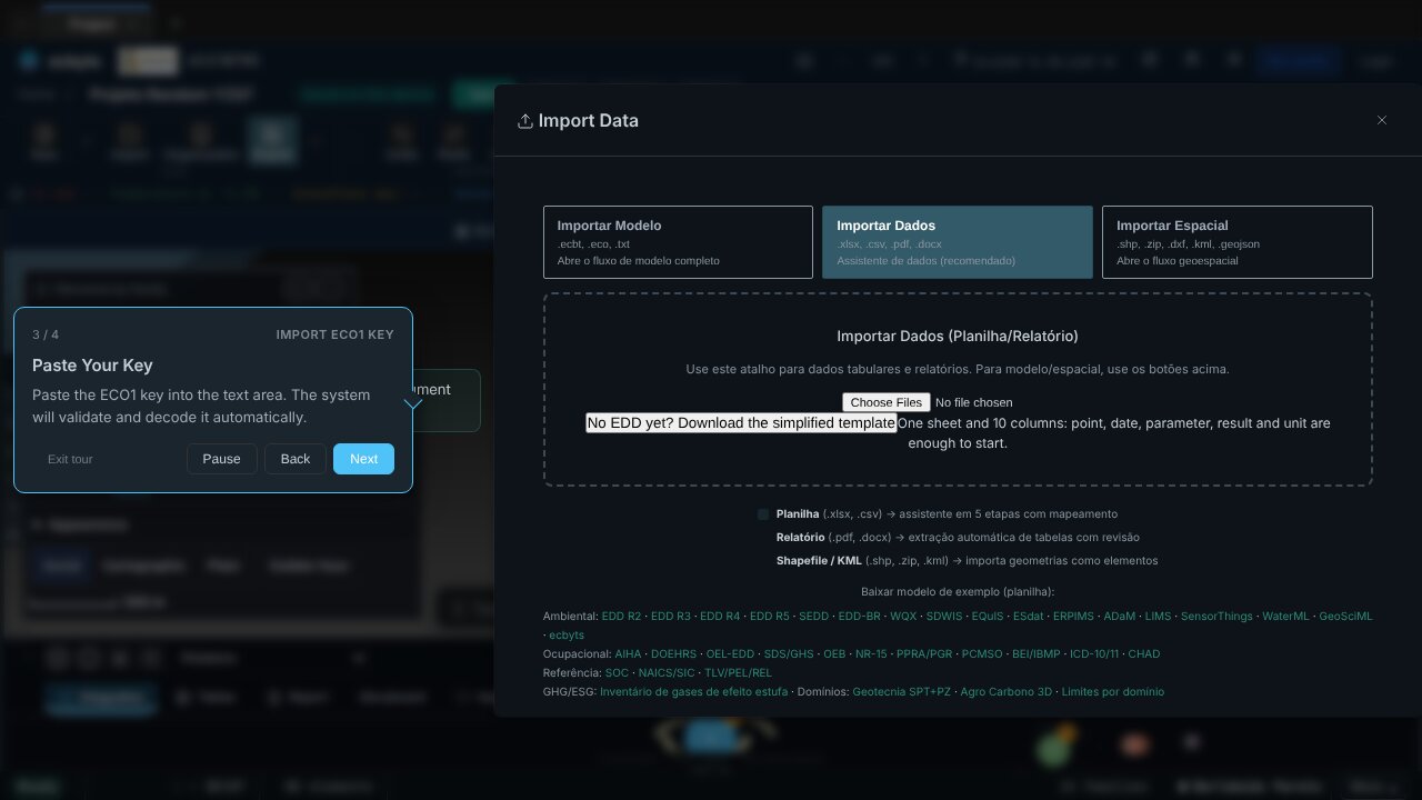 Screenshot of ecbyts during the guided tour, with a demo model and fictitious data.