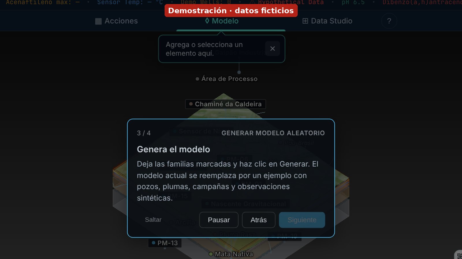 Detalle del tour Generar modelo aleatorio: el globo del paso 3 pide hacer clic en Generar, sobre la escena 3D del modelo de ejemplo, con la franja Demostración, datos ficticios.